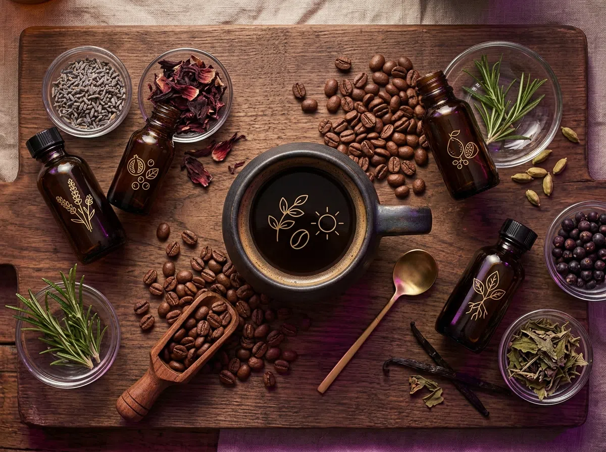 Geröstete Kaffeebohnen und natürliche Zutaten im Flatlay